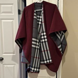 Burgundy cape one size fit most reversible other side plaid white burgundy black